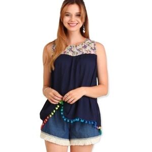Umgee Navy Crinkle Pom Pom Tank Small